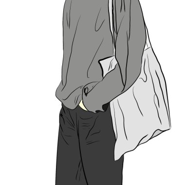 Doğal pamuk çanta, bez çanta taşıyan çizgi film karakterinin el çizimi, alışveriş yaparken plastik poşet miktarını azaltmak, illüstrasyon ilerlerken yaratıcı olmak. Küresel ısınmayı azaltmak için yeniden kullanım kavramını kabul edin..