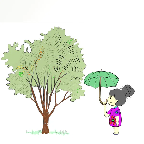 Asiatische Mädchen Und Baum Auf Weißem Hintergrund Kopieren Sie Platz — Stockfoto