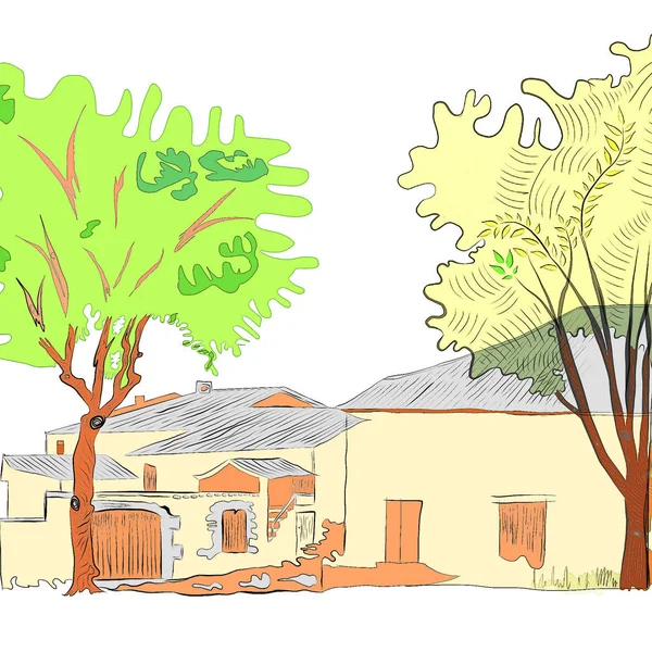 Σπίτια Και Δέντρα Λευκό Φόντο Αντίγραφο Χώρο Για Σχεδιασμό Κειμένου — Φωτογραφία Αρχείου