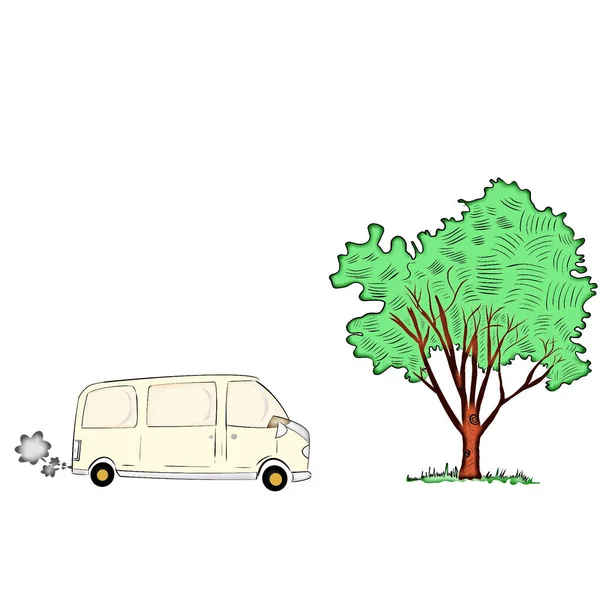 Hand Drawing Cartoon Van Vehicle Smoke Large Tree White Background — Stock Photo, Image