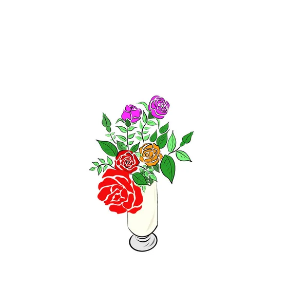 Ručně Kresba Krásné Růže Kytice Listy Skleněné Váze Bílém Pozadí — Stock fotografie