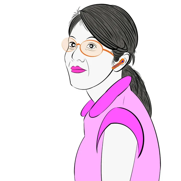 Hand Drawing Happiness Cartoon Character Beautiful Woman Wearing Eyeglasses White — 스톡 사진