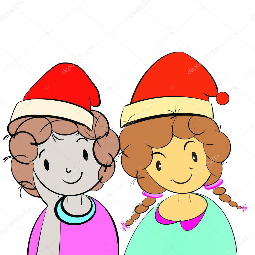 Merry Christmas card template with girls on white background, copy space for your text design. Creative with illustration progress.