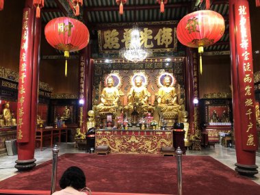 Atmosphere many anonymous people and tourists to worship and pray with Buddha in Dragon temple at Chinatown, Samphanthawong District, Bangkok,Thailand