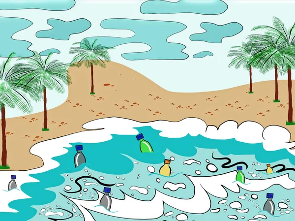 Many garbage on the sea and beach.Plastic pollution waste on sea,plastic bottles,glass and more in water,coconuts tree,hill,blue sky as backdrop,Hand drawn,creative with illustration process.
