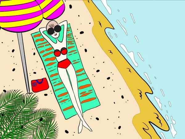 Schöner Strand Hat Cartoon Sexy Mädchen Badeanzug Liegen Mit Sonnenbaden — Stockfoto