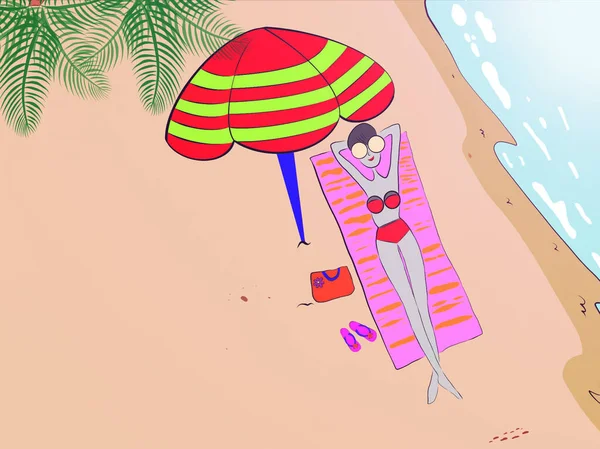 Beautiful Beach Has Cartoon Sexy Girl Swimsuit Lying Sunbathe Lens — 스톡 사진