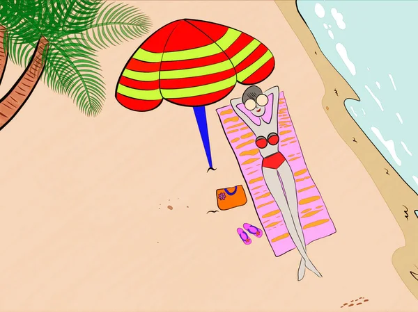 Beautiful Beach Has Cartoon Sexy Girl Swimsuit Lying Sunbathe Lens — стоковое фото