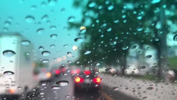 Defocused Image Raindrop Car Windshield Blurred Traffic Road City Drive — Stock Video