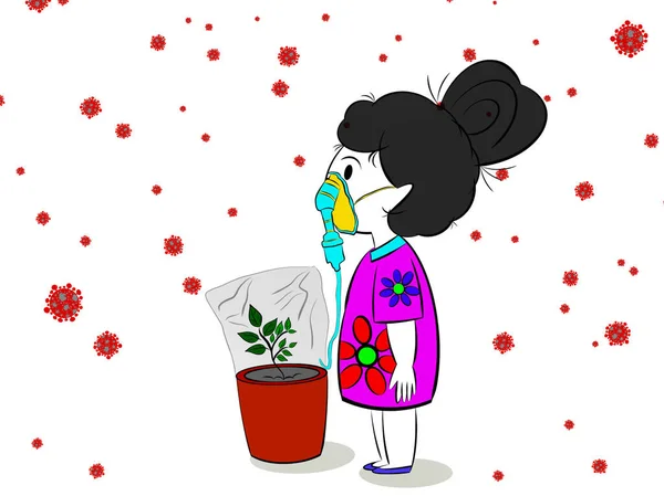 白い背景に酸素マスクとコロナウイルスのアイコンに接続されている漫画のキャラクターの手描き イラストの進行で創造的な 大気汚染 Covid 19による装飾シリーズ — ストック写真