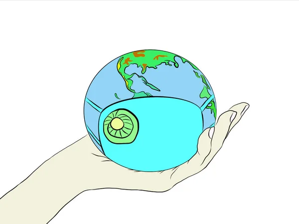 Hand draw of the earth wearing hygienic mask in hand,decorative series due to air pollution,germ,covid-19.Creative with illustration progress.