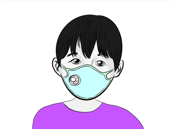 Ruční Kreslení Dítěte Nosí Hygienickou Masku Důvodu Nemoci Důsledku Znečištění — Stock fotografie