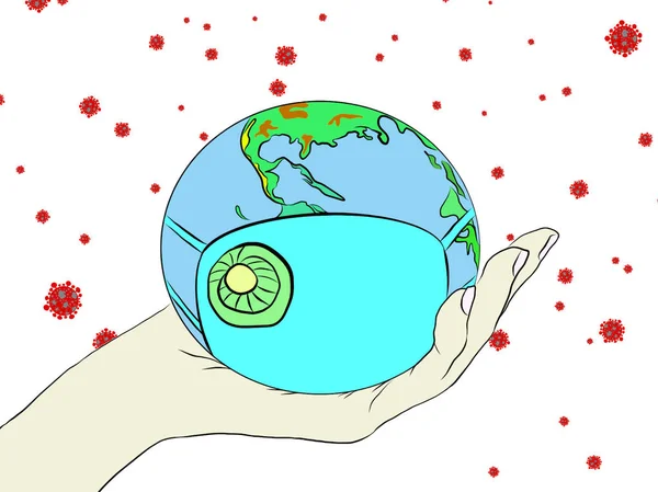 Hand draw of the earth wearing hygienic mask in hand,decorative series due to air pollution,germ,covid-19.Creative with illustration progress.