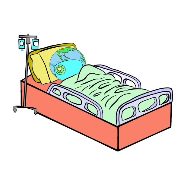 Concept of prevented covid-19.Patient bed has the earth globe,lying as sick and wearing hygiene mask,decorative series due to air pollution,disease,germ,etc.Hand drawn,creative with illustration.