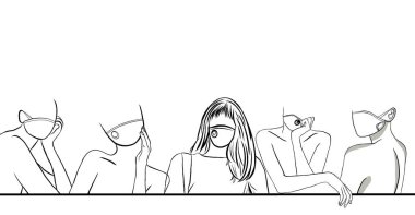 Çizgi çizimi, Corona salgınını, pm2.5 'u, kirliliği, virüsü, havadaki bakterileri önlemek için hijyen maskesi ya da kumaş maskesi takan kadınlar..