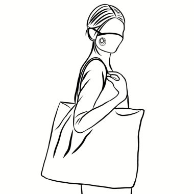 Pamuk çanta taşıyan, Coronavirüs salgını, pm2.5, kirlilik ve virüsü önlemek için hijyen maskesi takan bir grup insan. Plastik poşet kullanımını azaltın..