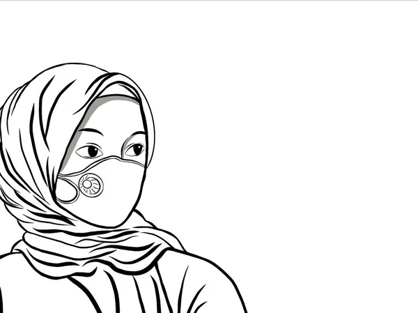 Cartoon character,beautiful muslim women wearing hijab and wearing hygienic face mask,protect of pollution,virus,bacteria.Creative with illustration progress,free space for your text design.