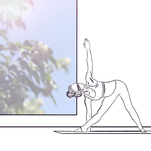 Line Drawing Woman Exercise Yoga Posture Home Front Window White — Stock Photo, Image