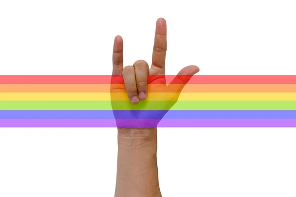 白い背景に隔離された虹色のラインに添付された愛のシンボルを示す手 プライドの日とゼロ差別の概念 — ストック写真