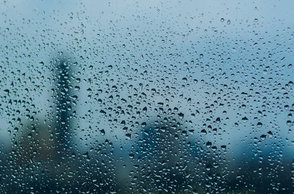 Gota Lluvia Ventana Cristal Temporada Monzones Con Fondo Borroso Ciudad — Foto de Stock