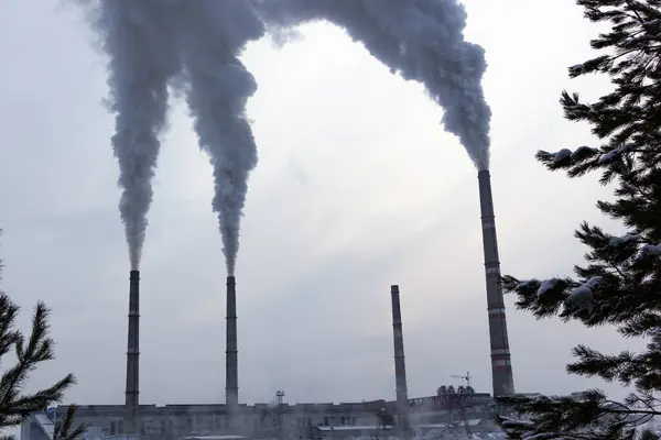 De begeleiders pijpen stoten veel zwarte rook uit in de atmosfeer — Stockfoto