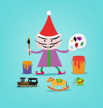 Oyuncaklar ve Noel baba nın giftgiving için sanat malzemeleri ile gülümseyen ressam Elf