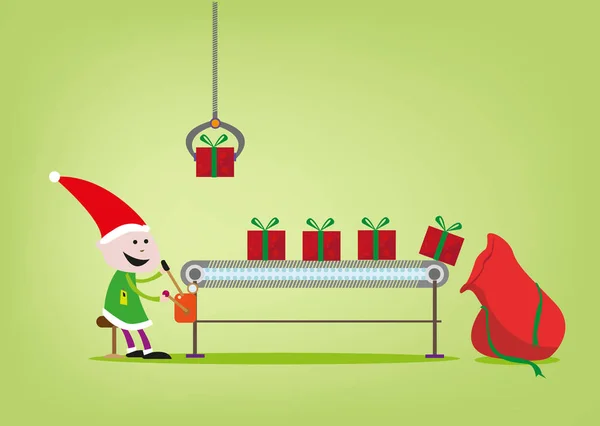 Un operatore di macchine elfiche per la fabbrica di regali di Babbo Natale — Vettoriale Stock