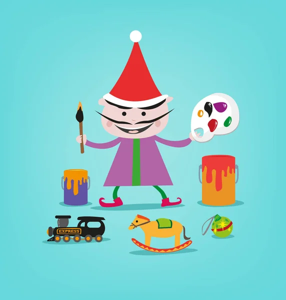 Un elfe peintre souriant avec des jouets et des matériaux d'art pour les cadeaux du Père Noël — Image vectorielle