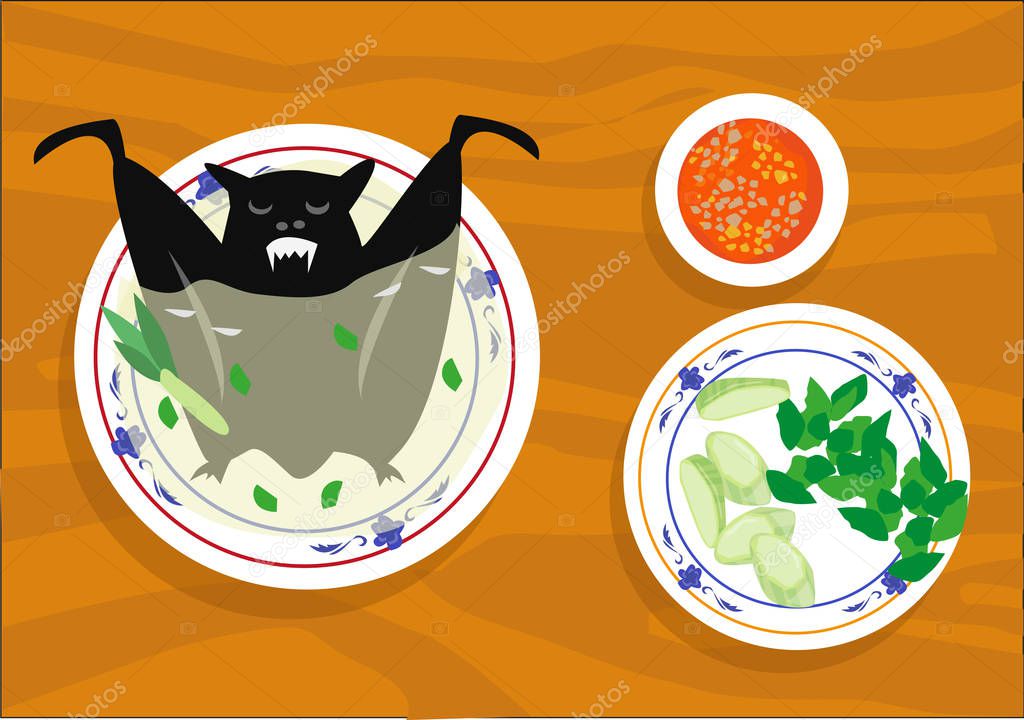 A Flying fox or Bat soup or paniki is a popular dish in Asia like in China which is called Ye Wei and in Pacific Rim  like in Palau and Vanuatu. Editable Clip Art.