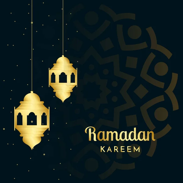 Goldene Karte Zum Ramadan Fest Mit Laternen Und Islamischem Muster — Stockvektor
