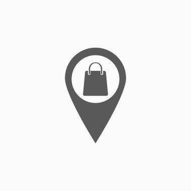 Alışveriş çantası pin simgesi, harita vektörü, pin simgesi, yön illüstrasyonu, konum vektörü