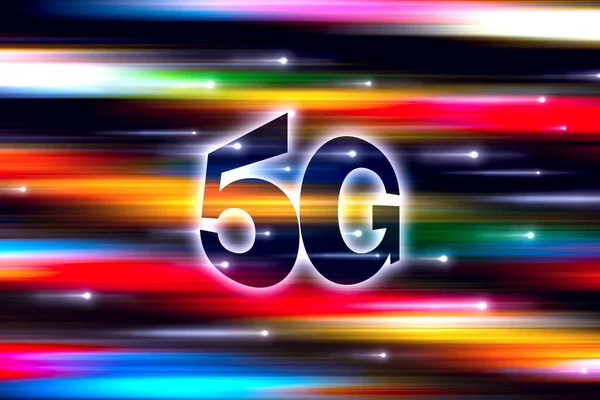 Colorful illustration with light strokes and motion blur, and double perspective 5G text. Background image for 5G fast mobile broadband technologies.