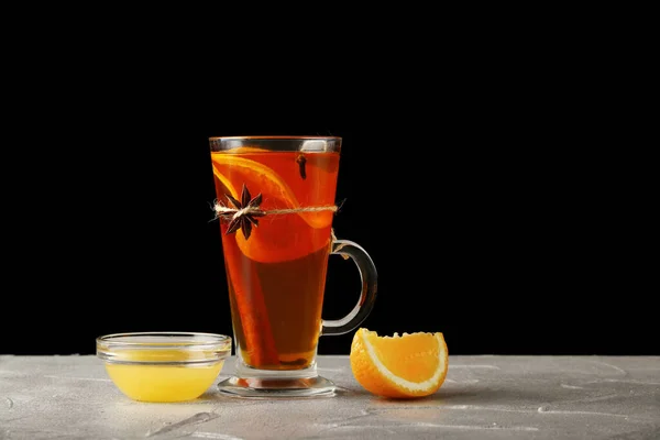 Hot Beverage Orange Honey Mulled Wine Glass Black Background Groge — Stock Photo, Image