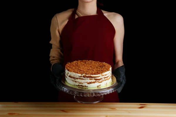 Layered Honey Cake Wooden Table Woman Confectioner Hold Honney Dessert — Stock Photo, Image