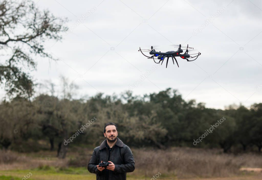 A man Operating The Drone By Remote Control In The Park