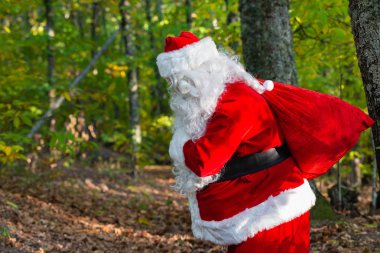 Kırmızı çuvallı Noel Baba ormanda.