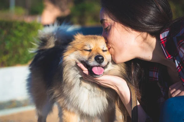 Mulher Beijando Cão Com Espaço Cópia Para Texto — Fotografia de Stock