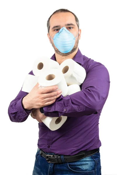 Hombre Con Máscara Médica Papel Higiénico Sobre Fondo Blanco — Foto de Stock