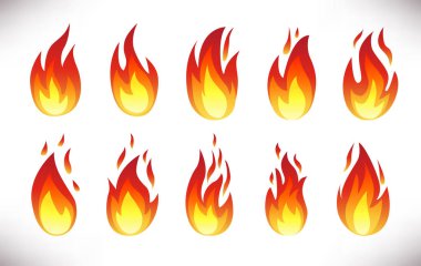 Beyaz arkaplanda izole edilmiş ateş alev simgeleri kümesi.