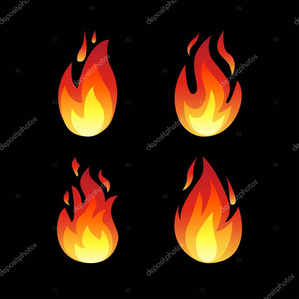 Set of fire flame icons isolated on a black background. Energy concept. Perfect for web site page, mobile app, game design ,badge, poster, cover,print, flyer, ad.Raster illustration in flat style