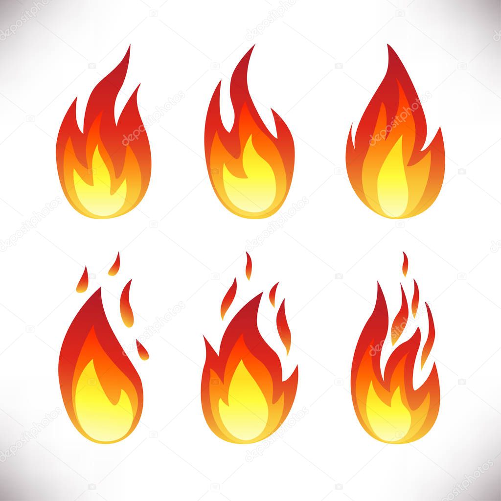 Set of fire flame icons isolated on white background. Energy concept. Perfect for web site page, mobile app, game design ,badge, poster, cover,print, flyer, ad. Raster illustration in flat style