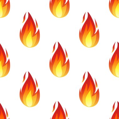 Beyaz arka planda izole edilmiş ateş alevleri olan kusursuz desen.