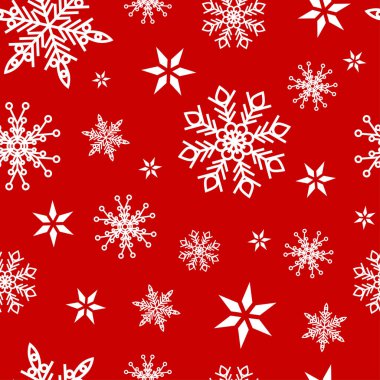 Kırmızı zemin üzerinde beyaz kar taneleri olan Noel deseni izole edildi.