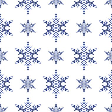 Mavi kar taneleri beyaz arka planda izole edilmiş Noel deseni.