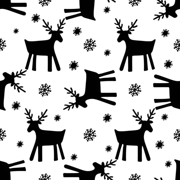 Weihnachten Muster mit schwarzen Rentieren und Schneeflocken isoliert auf weißem Hintergrund. — Stockvektor