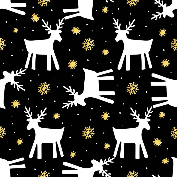 Weihnachtsmuster mit weißen Rentieren und goldenen Schneeflocken auf schwarzem Hintergrund — Stockvektor