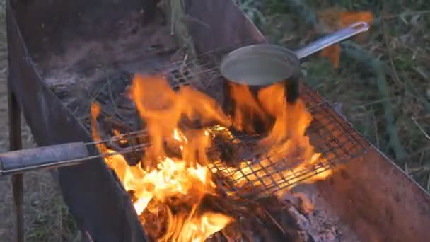 Залізний кухоль з водою нагрівається до мангалу — стокове відео