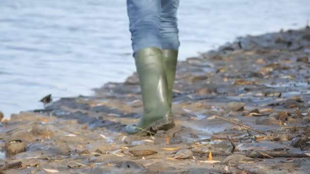 A man fisherman in green rubber boots is walking along the swampy shore of a reservoir — ストック動画