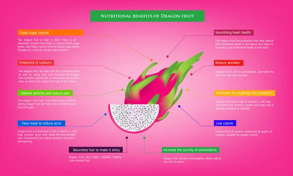 Beneficios Nutricionales Pitaya Dragón Infografía Sobre Nutrientes Aguacate Fruta Agricultura — Vector de stock