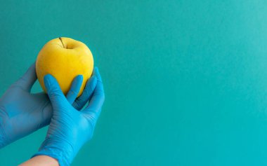 Bir kadının elinde mavi lateks tıbbi eldiven, uzanmış avuç içi. Eldiven tutan kadınların elleri, eldivenli eller, kadın elleri, mavi tıbbi eldivenler, sarı elma